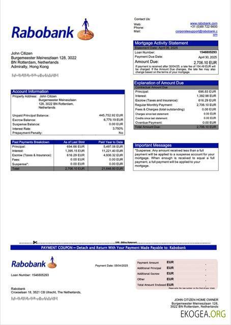 Modèle Word et PDF de relevé hypothécaire de Rabobank aux Pays , Bas